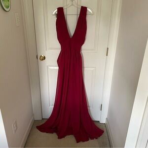 Red Prom Dress. Low V cut, cross cross tie up back, long formal dress